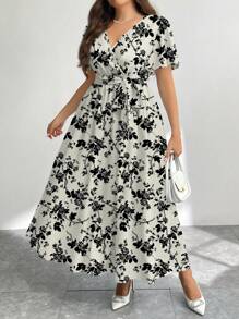 Firerie Black & White Rose Print Casual Vintage Floral Pattern Loose Plus Size Dress, Suitable For Autumn/Winter,Beach Dress Sundress,Holiday Outfits Boho - Black and White - View 3
