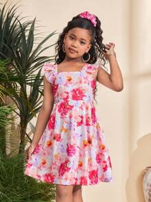 SHEIN Leap Crew Tween 女童休闲简约舒适花卉印花蝴蝶结后背系带溜冰裙 - 粉色 - 查看 4