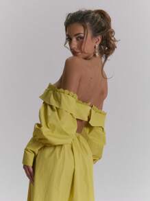 MUSERA 露肩蕾丝边饰文胸，长泡泡袖上衣，精致田园度假海滩伊比沙岛可爱优雅节日嘉年华春夏 - 黃色 - 查看 4