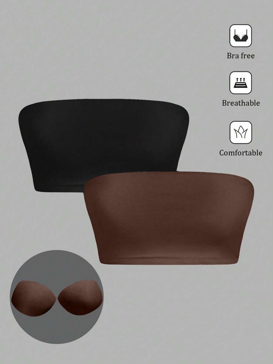 SHEIN SXY 2 Packs Women's Stretch Strapless Casual Versatile Sexy Cropped Tops With Built-In Bra Pads - Brown - View 1