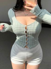 DAZY V-Neck Basic Knit Sweater Top For Women,Fall Clothes - Baby Blue - View 7