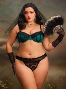 PinupGlam Sujetador glaseado de satén de talla grande con parches de encaje en estilo romántico vintage