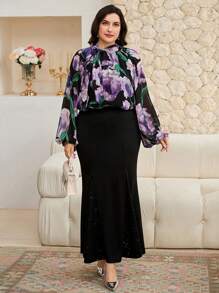 Modelyn Plus Size Elegant Floral Print Lantern Sleeve Shirt - Multicolor - View 6