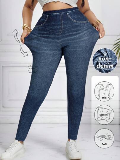 SHEIN LUNE Plus Size Women's Skinny Jeggings, Printed Seamless Stretchy Casual Sports Leggings