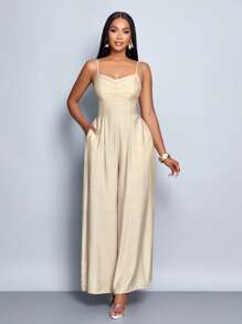 SOLERSUN 女式垂褶前垂领系带露背阔腿吊带连体裤，适合日常穿着和度假 - 杏色 - 查看 5