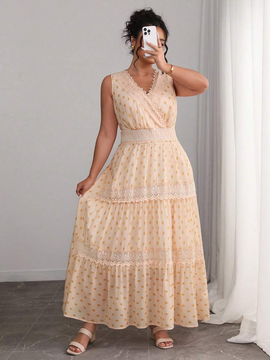 SHEIN Clasi Plus Size Women Foil Polka Dot Contrast Lace V Neck Sleeveless Dress - Apricot - View 1