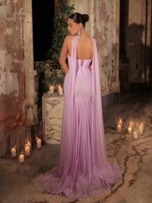 Glamrae Elegant Lavender Sparkle Flowing Mesh Strapless Pleated Decor High Waist Slim Fit Mermaid Tail Train Back Adjustable Tie Strapless Versatile Evening Gown, Party Dress, Wedding Guest Dress, Formal Dress, Evening Dress