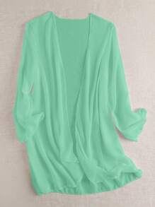 SHEIN Swim Women's Solid Color Loose Fit Long Sleeve Open Front Kimono Cover Up, Suitable For Vacation For Summer - Mint Green - View 3