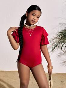 SHEIN Tween 女童休闲街头风格纯色短袖连身衣 - 酒紅色 - 查看 4