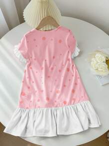 SHEIN Young Girl Crew Neck Contrast Ruffle Sleeve Cartoon Graphic Casual Cute Nightgown - Pink - View 2