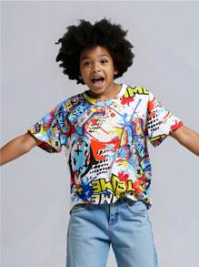 Cartoon Letter Print Round Neck Short Sleeve T-Shirt - White - View 1