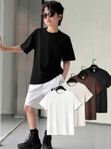 4pcs/Set Tween Boy's Casual Solid Color Crew Neck Short Sleeve T-Shirts, Multi-Pack Suitable For Commuting, Studying, Daily Casual Wear, Sports, Spring/Summer