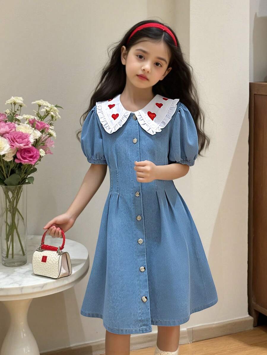 Tween Girl Casual Bleached Denim Dress With Heart Embroidery, Slim Fit Versatile Design For Everyday Wear, Chic And Fashionable - Light Wash - View 1