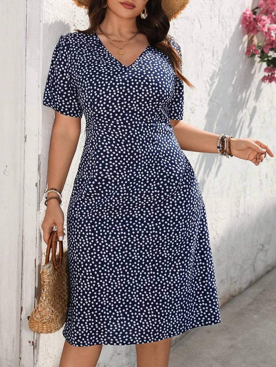 EMERY ROSE Plus Size V-Neck Short Sleeve Minimalist Short Dress, Casual & Holiday - Beige - View 1