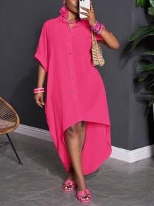 Slaydiva Plus Size Women 3/4 Sleeve Button Down Loose Fit Shirt Dress - Hot Pink - View 3