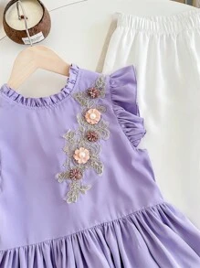 SHEIN Leap Crew 女童编织可爱不对称荷叶边刺绣蝴蝶结装饰衬衫和休闲优雅喇叭裤两件套，薰衣草色，适合春季外出、度假、花园茶会、休闲外出