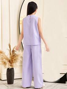 SHEIN Áo sơ mi không tay cổ bẻ màu tím thanh lịch dành cho bé gái tuổi teen, trang trí hoa 3D. - Màu tím - Xem 4