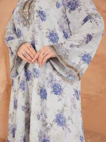 Al Najma Women's V-Neck Long-Sleeved Chiffon Printed Embroidery Gold Lace Rich Elegant Romantic Gorgeous Loose Plus Size Dress Kaftan Jalabiya Dress - Multicolor - View 1