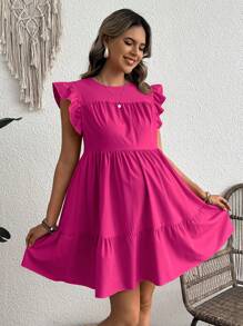 SHEIN Vestido casual de maternidad de unicolor con volantes en el bajo - Rosa Fucsia - Ver 5