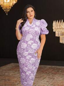 Modelyn 大码 V 领泡泡袖连衣裙，优雅晚会长裙 - 紫色 - 查看 5