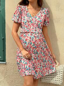 SHEIN Maternity Nursing Dress With Puff Sleeves And V-Neck, Ditsy Floral - Pink - View 6
