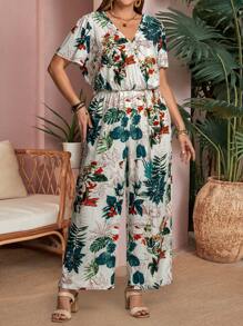 EMERY ROSE Plus Size Tropical Print Casual Jumpsuit - Multicolor - View 5