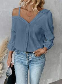 SHEIN Essnce Blusa holgada y casual de estilo callejero con hombros caídos, cuello asimétrico y unicolor, para primavera y verano, nueva moda