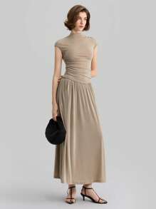 Ontre Chân váy trơn màu tối giản thanh lịch khi đi làm - Màu Khaki - Xem 7