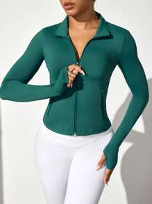Lifespree Damen unifarbene Lässig Fitness Sport Jacke mit Reißverschluss Kragen und Langarm