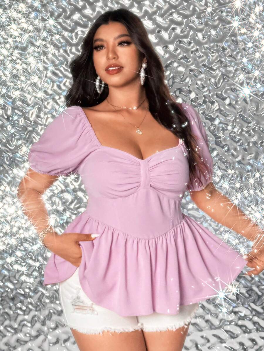Viva Relle Plus Size Women's Solid Color Sweetheart Neck Short Puff Sleeve Ruffle Hem Blouse - Pink - View 1