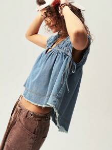 Bohemela BOHO Casual Woven Denim Oversized V-Neck Cap Sleeve Blouse For Women