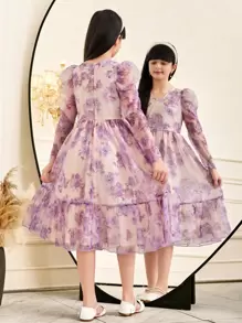 SHEIN Leap Crew Tween Girls' Elegant V-Neck Bishop Sleeve Floral Print Waisted Mid-Calf Dress - Apricot - View 2