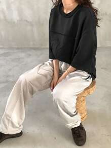 FRIFUL 女士超大字母拼布T恤，纯色简约时尚，适合夏季 - 黑色 - 查看 2
