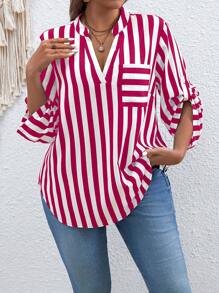 Calvaya Plus Size Vacation Casual Striped Notched Neck Roll Up Sleeve Shirt - Hot Pink - View 3