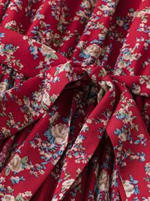 DreamSkyne 大码女式碎花荷叶边圆领长袖褶皱优雅连衣裙，秋季长款女装 - 紅色 - 查看 4