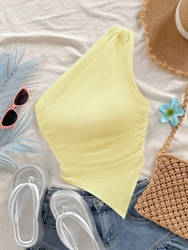 Soleia Blusa asimétrica con hombro descubierto de color amarillo pálido, adecuada para vacaciones de verano