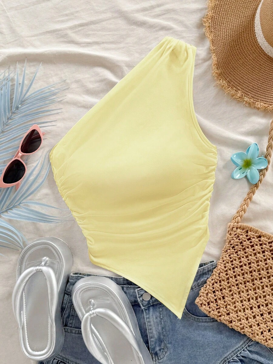 Soleia Blusa asimétrica con hombro descubierto de color amarillo pálido, adecuada para vacaciones de verano - Amarillo - Ver 1