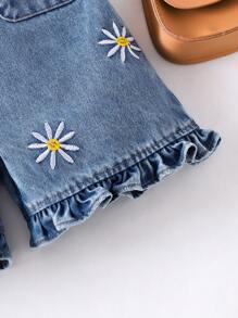 Young Girls White Flower Embroidered Shirt Collar Casual Washed Denim Jumpsuit With Belt