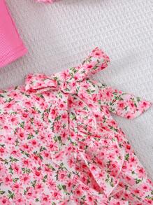 SHEIN Tween Girl 2pcs/Set Casual Simple Comfy Crew Neck Sleeveless Ruffle Hem Crop Top And Skirt - Pink - View 7