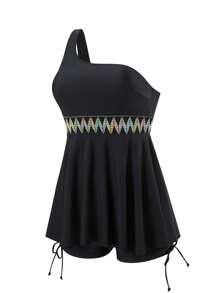 Women 2pcs Black Shoulder-Strap Ruffled Beach Bikini Set, Summer Vacation Swimwear, Festival Boho Style - Black - View 5