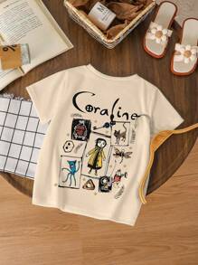 Young Girl Casual Cartoon Print T-Shirt, Summer - Apricot - View 3