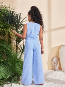 SHEIN Leap Crew 2pcs Tween Girls Casual & Comfortable V-Neck Sleeveless Top & Pants Set - Blue - View 2