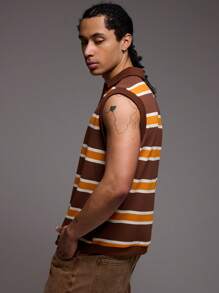 Musero Polo sin mangas con botones y paneles de contraste a rayas para primavera y verano - Marrón - Ver 3