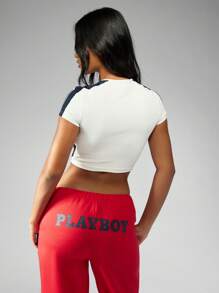 Missguided x Playboy 大学款婴儿短袖 T 恤，夏季时尚休闲街头风短款上衣 - 米色 - 查看 7