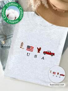 美国图标刺绣圆领 T 恤 | 美国花卉刺绣浅灰色短袖 T 恤 | 7 月 4 日圆领 T 恤 | 乡村、西部、牛仔 T 恤 - 淺灰色 - 查看 1