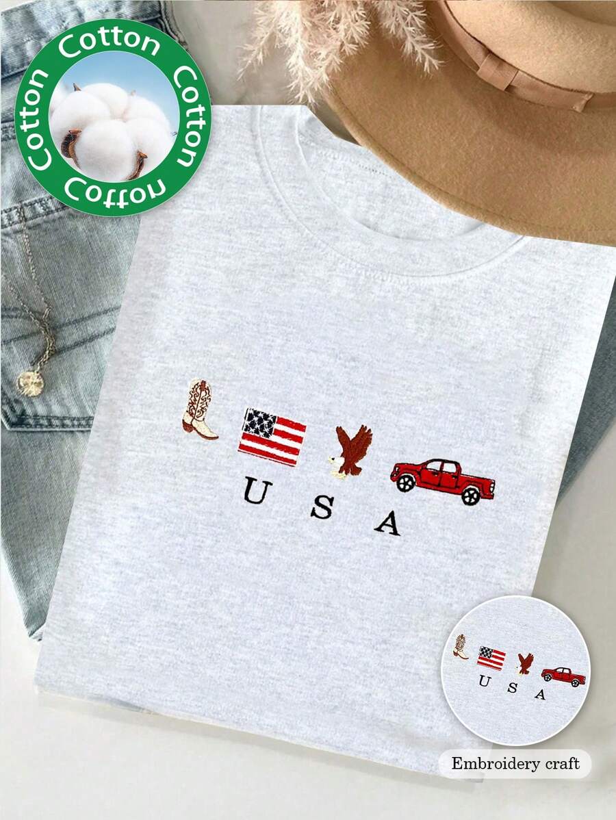 美国图标刺绣圆领 T 恤 | 美国花卉刺绣浅灰色短袖 T 恤 | 7 月 4 日圆领 T 恤 | 乡村、西部、牛仔 T 恤 - 淺灰色 - 查看 1