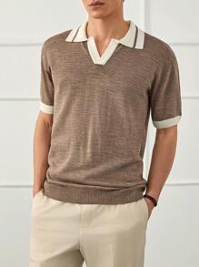 EURMUSE 男士纯色半扣 Old Money 常规 Polo 衫 - 棕色 - 查看 5