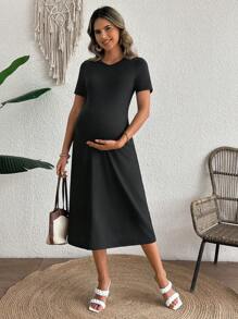 SHEIN Vestido casual de línea A con escote redondo, mangas cortas, bolsillos laterales, para embarazadas - Negro - Negro - Ver 5