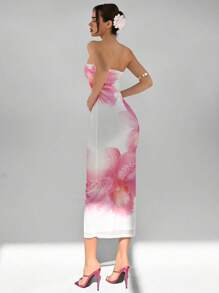 Aloruh 女士浪漫花卉印花透明网眼连衣裙，合身抹胸款式，适合度假和约会，春夏季 - 彩色 - 查看 2