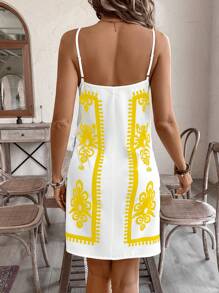 SHEIN VCAY Women's Vacation Casual Vintage Print Tie-Front Cami Wrap Dress - Yellow - View 2